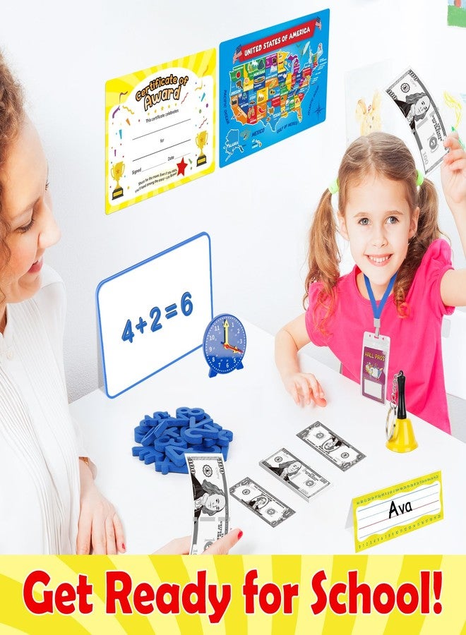 Edulok 115 PCS Pretend Play Teacher Set for Kids, with Magnetic Numbers, Bell, Money Games, Alphabet Posters, USA Maps, Learning Education Toys Kindergarten Classroom School Supplies Toys Playset Kit - Image 5